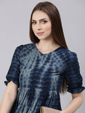 Women's Navy Blue Self Design Cotton Puff Sleeves Empire Dress