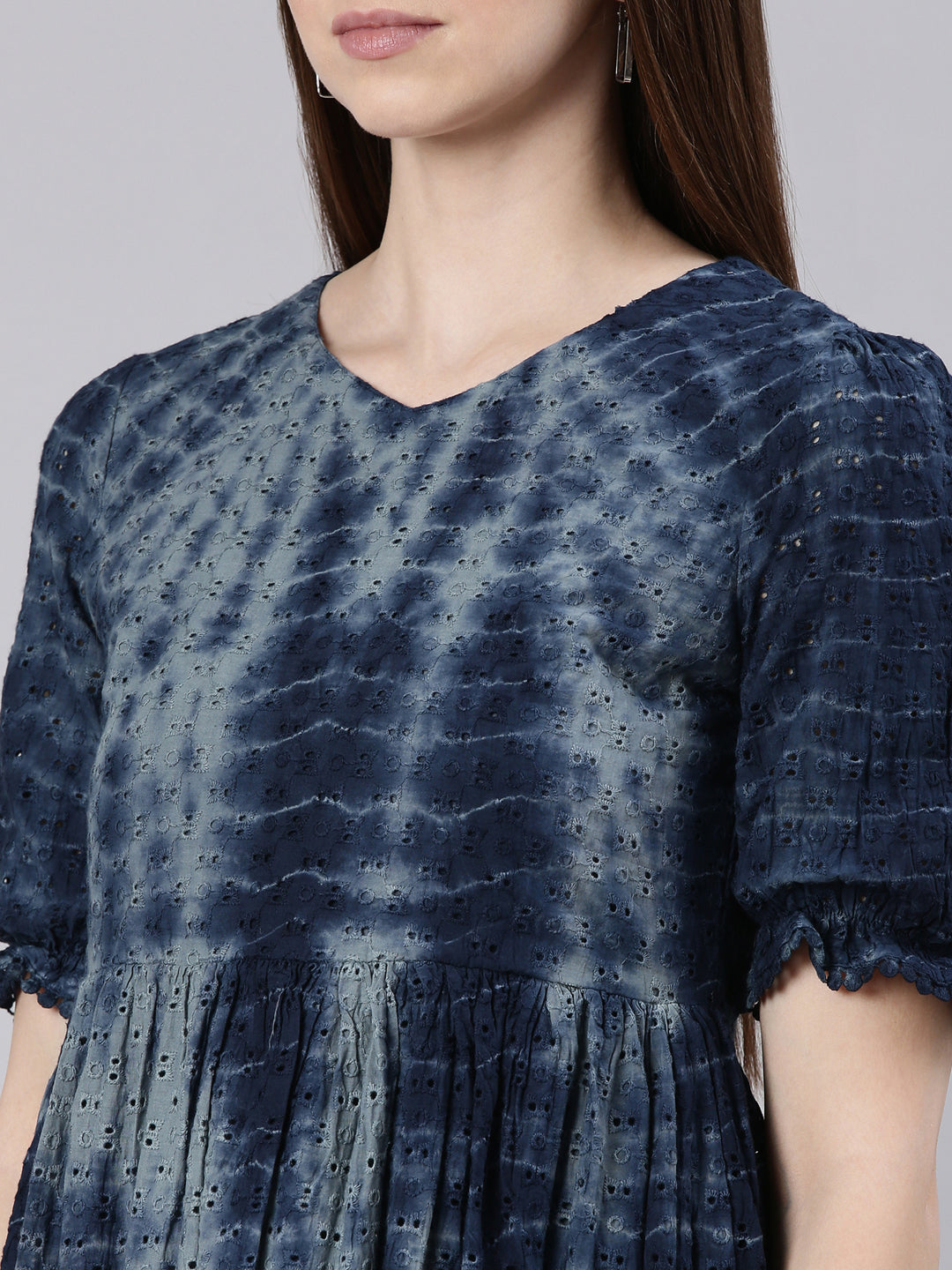 Women's Navy Blue Self Design Cotton Puff Sleeves Empire Dress
