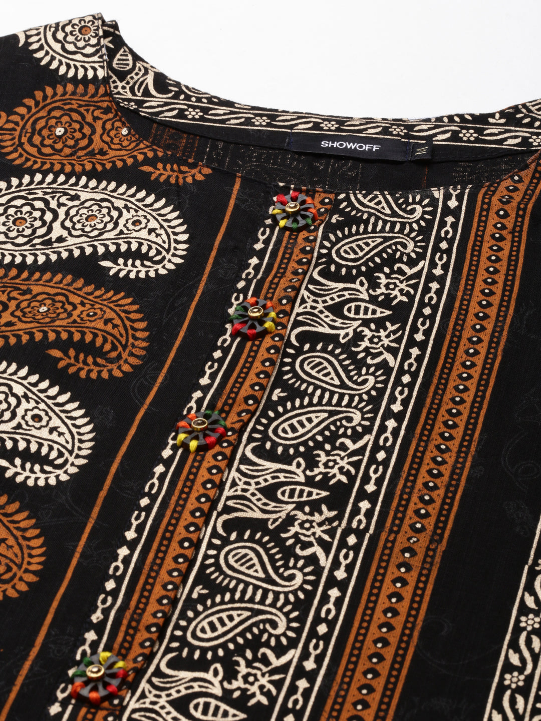 Women's Black Calf Length Ethnic Motifs Printed Straight Kurta