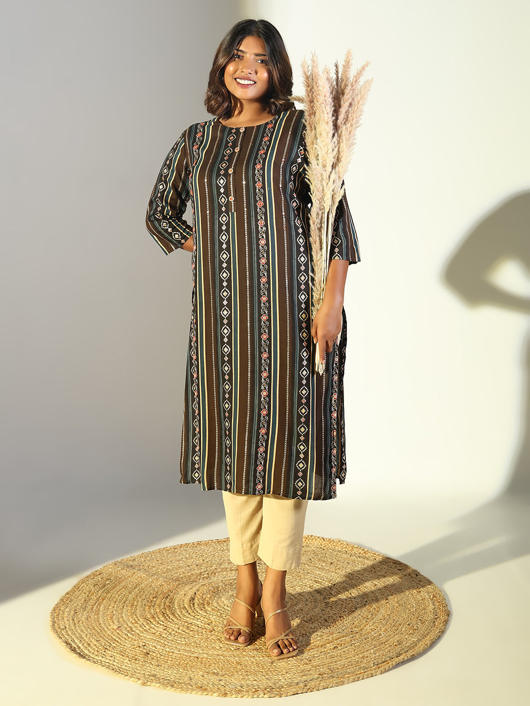 Women's Brown Graphic Straight Kurta