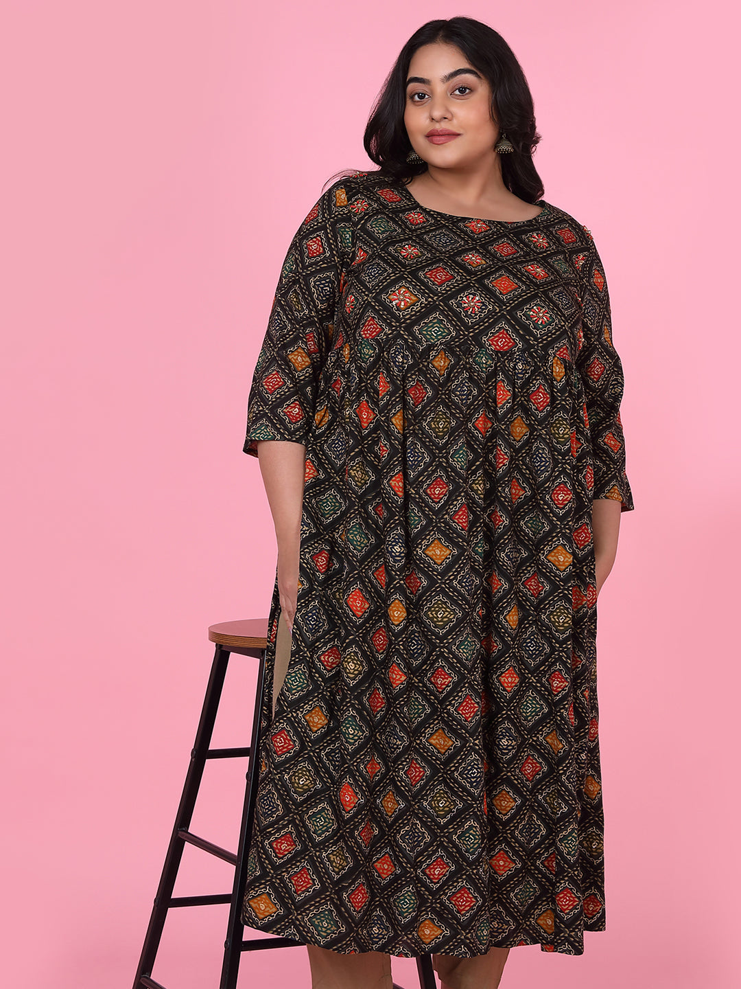 Women's Black Checked A Line Kurta