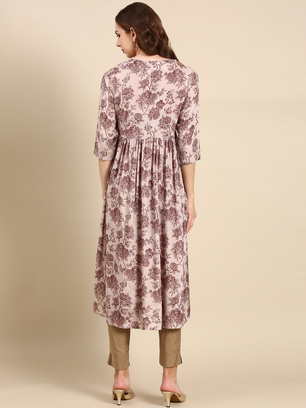 Women's Mauve Floral Printed Thread Work Anarkali Kurta