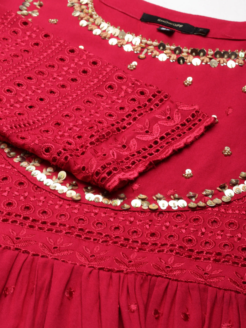 Women's Maroon Self Design Cotton Tiered Fit & Flare Kurta