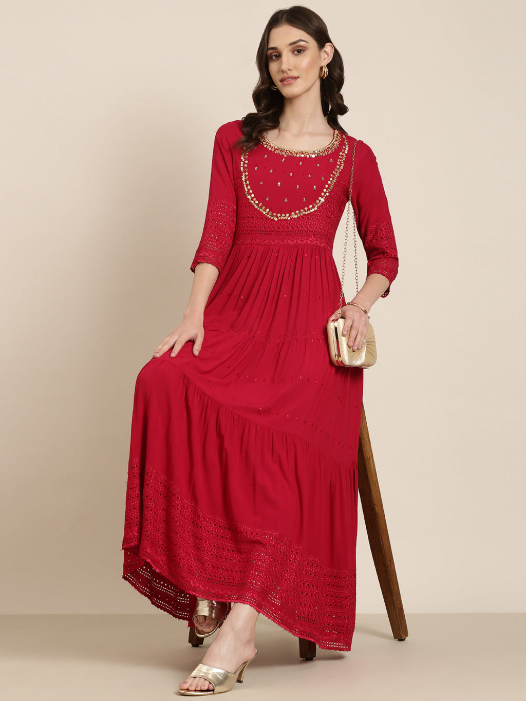 Women's Maroon Self Design Cotton Tiered Fit & Flare Kurta