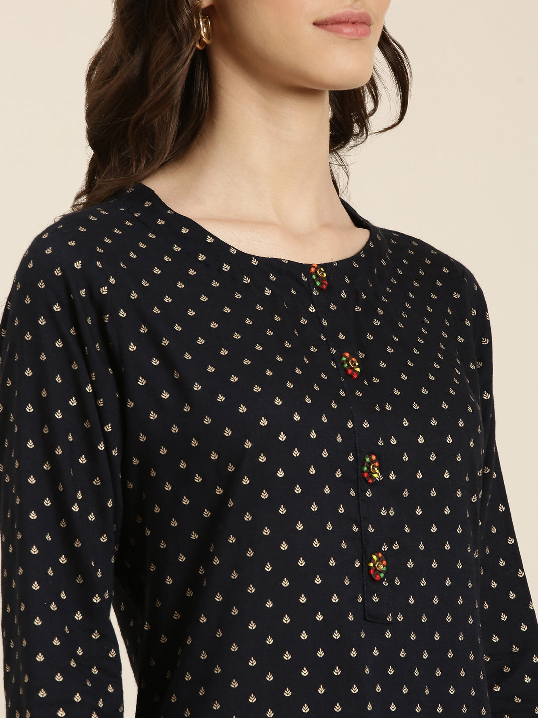 Women's Navy Blue Ethnic Motifs Printed Straight Kurta