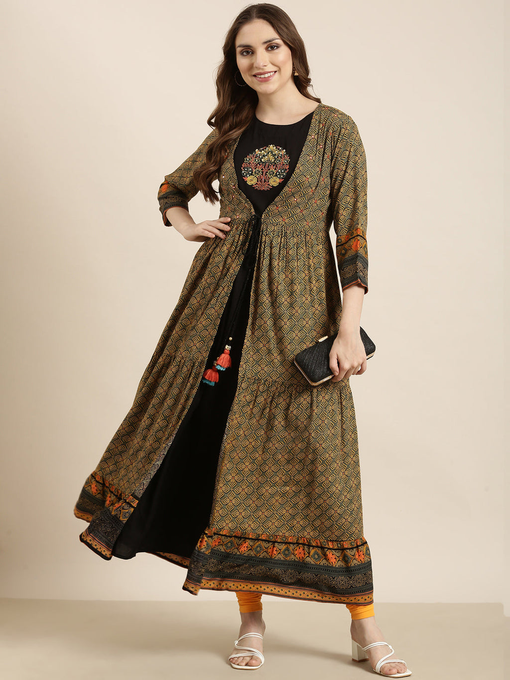 Women's Anarkali Black Solid Kurta Comes With Overcoat