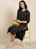 Women's Straight Black Ethnic Motifs Kurta