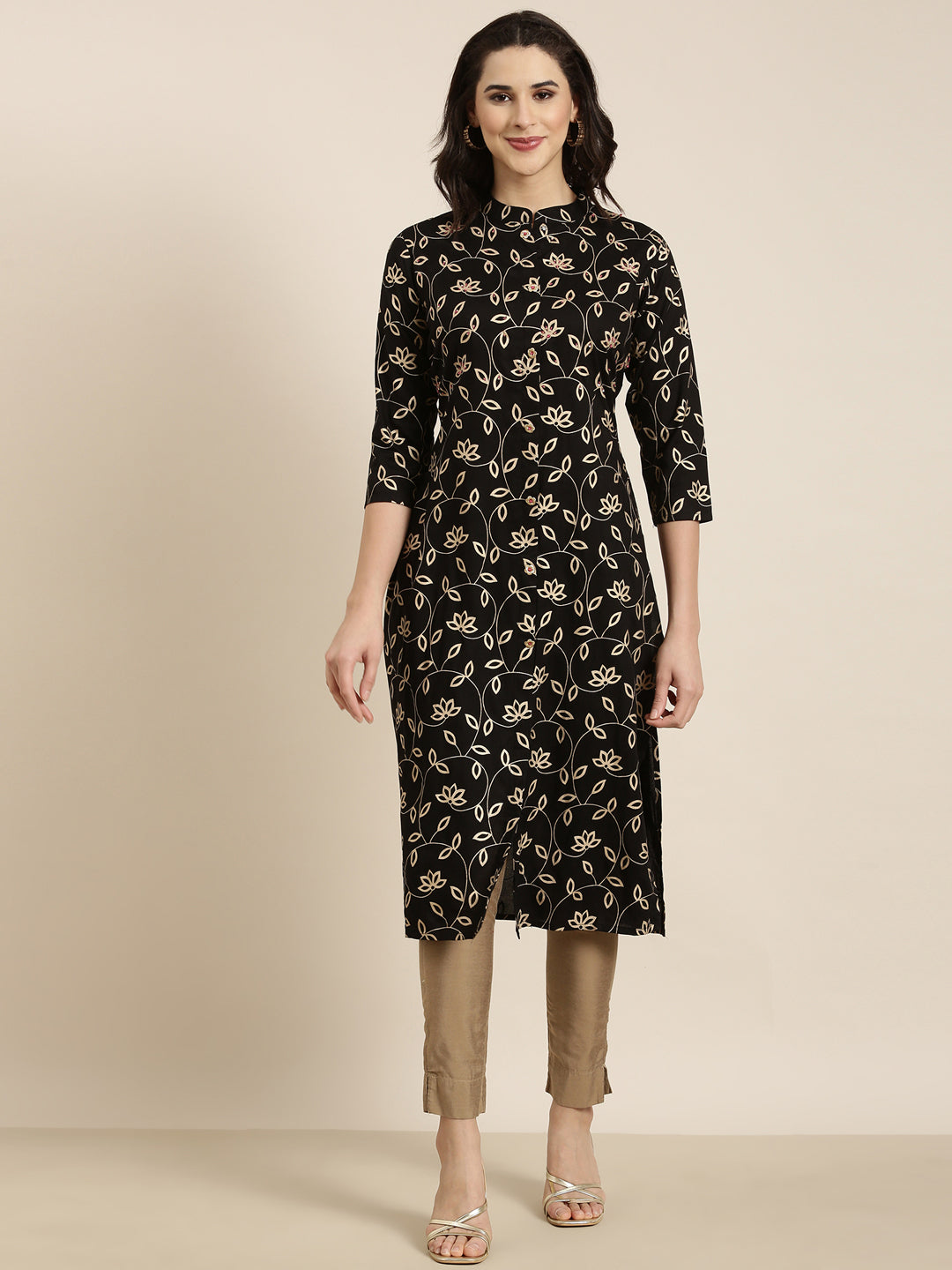 Women's Straight Black Floral Kurta