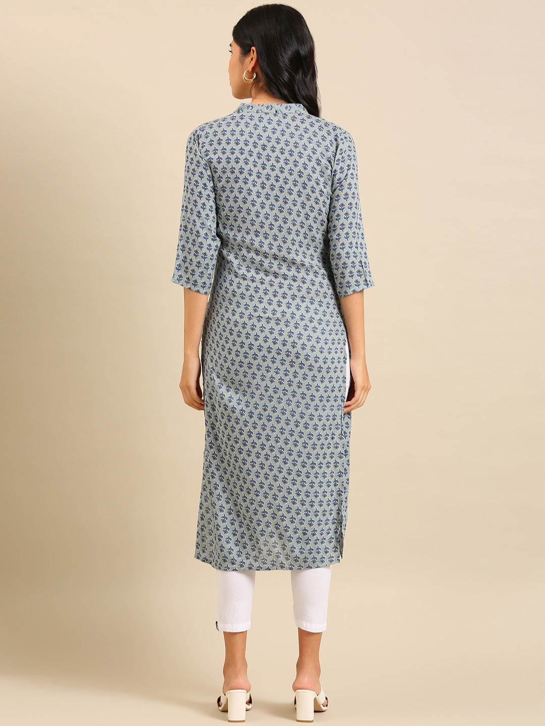 Women's Sea Green Floral Printed Straight Kurta