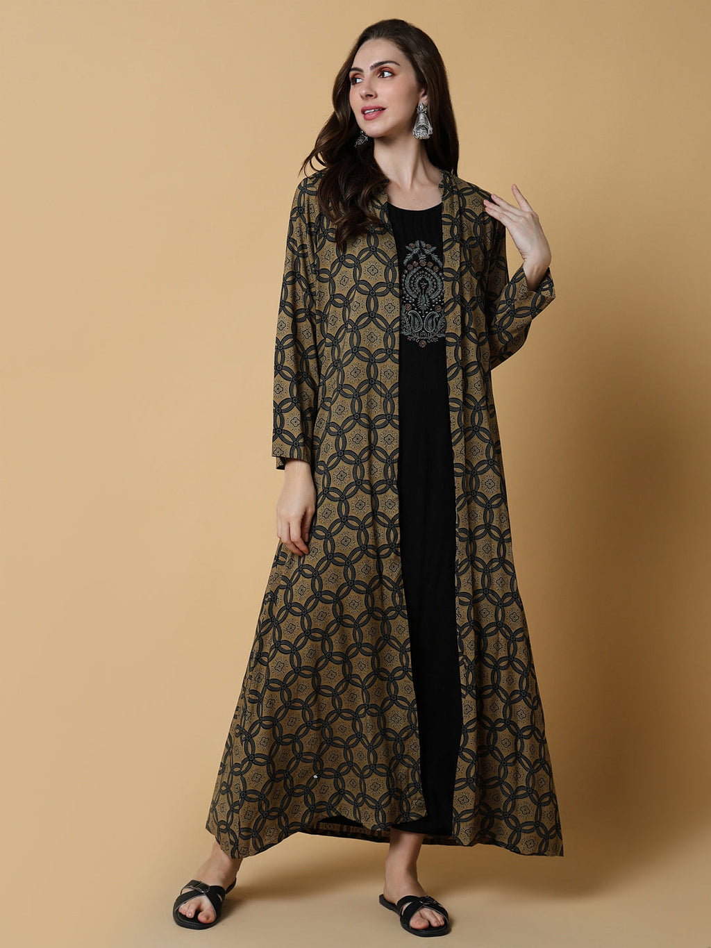 Women's Graphic Black A-Line Kurta with Shrug