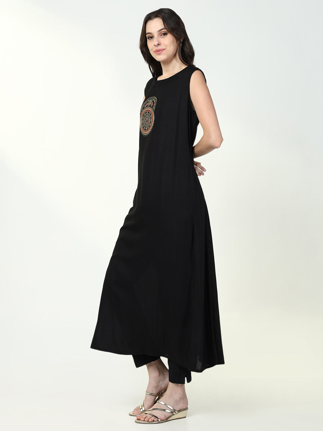 Women's Black Printed Solid A Line Kurta with Coat