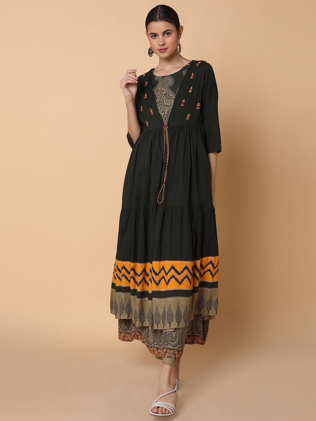 Women's Ethnic Motifs Green Anarkali Kurta with Shrug