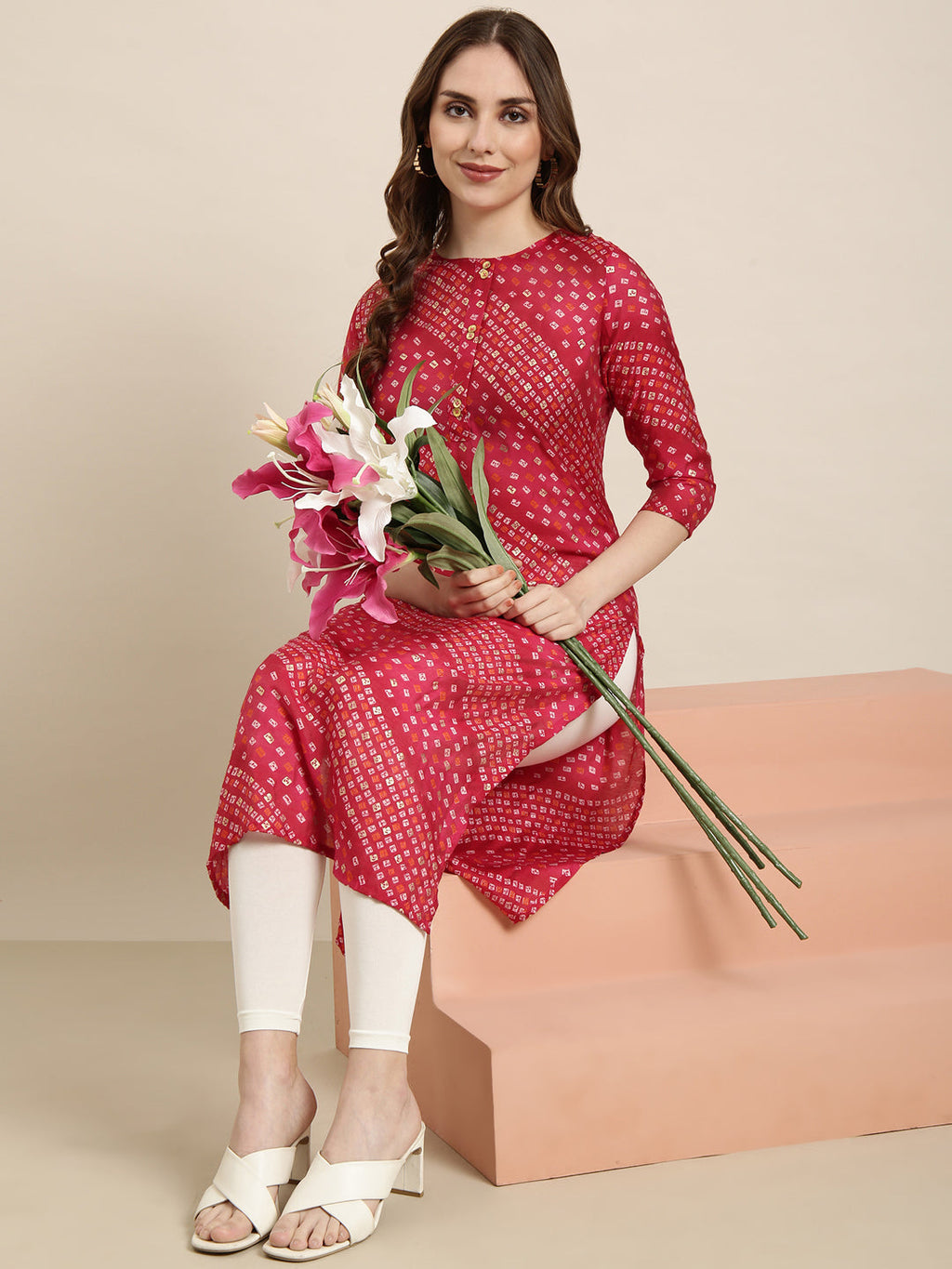 Women's Straight Pink Bandhani Kurta