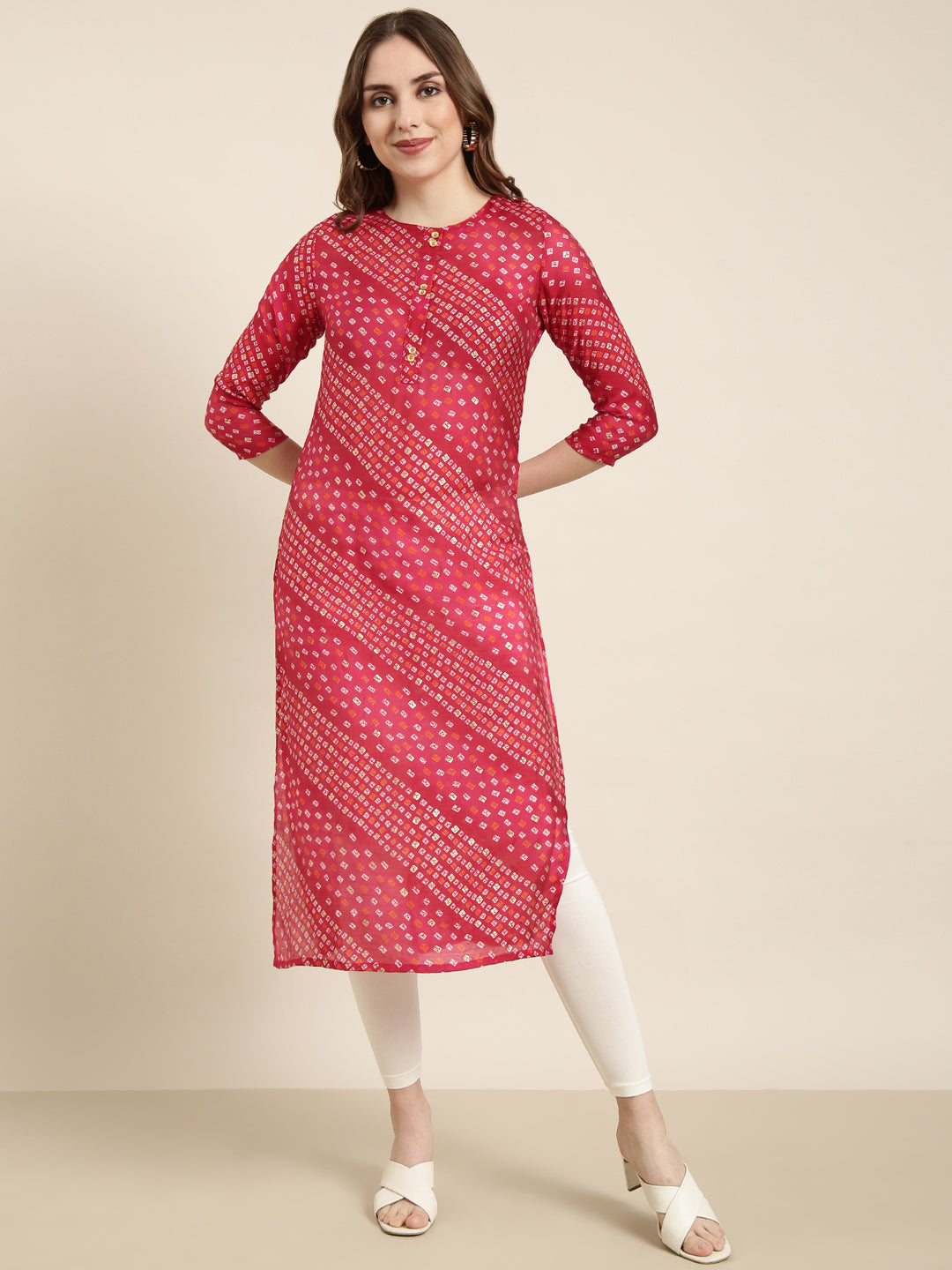 Women's Straight Pink Bandhani Kurta