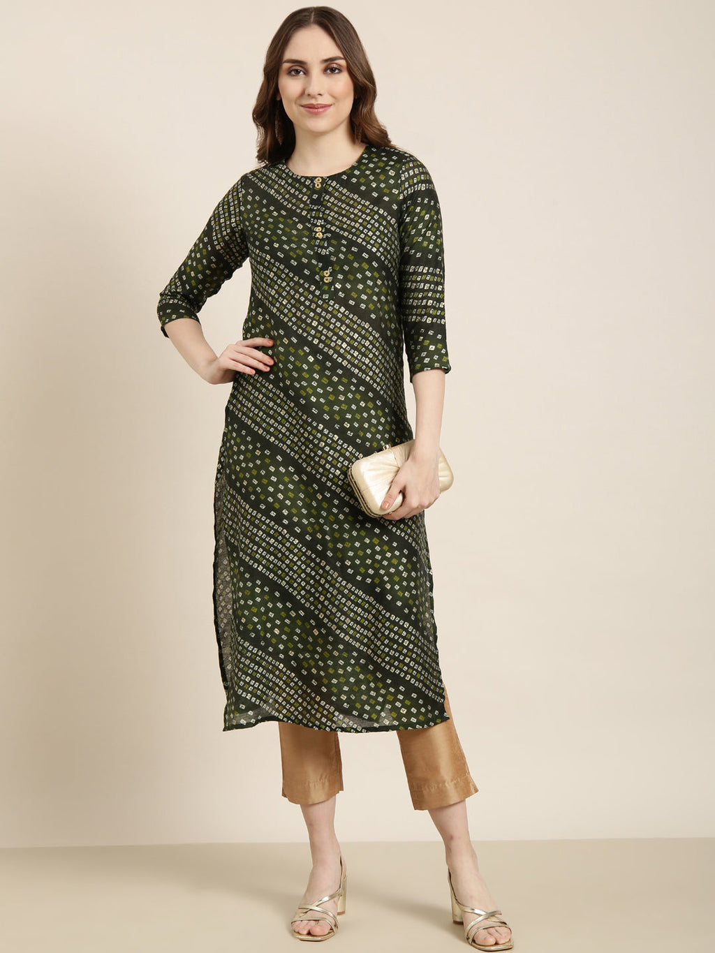 Women's Straight Green Bandhani Kurta