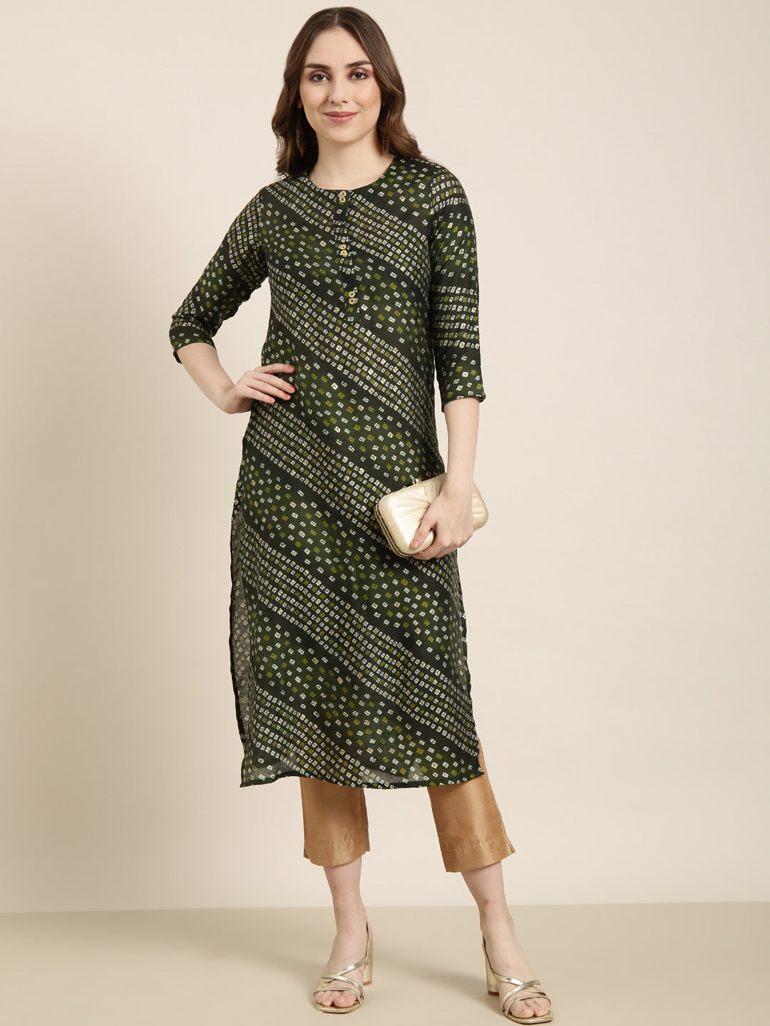 Women's Straight Green Bandhani Kurta