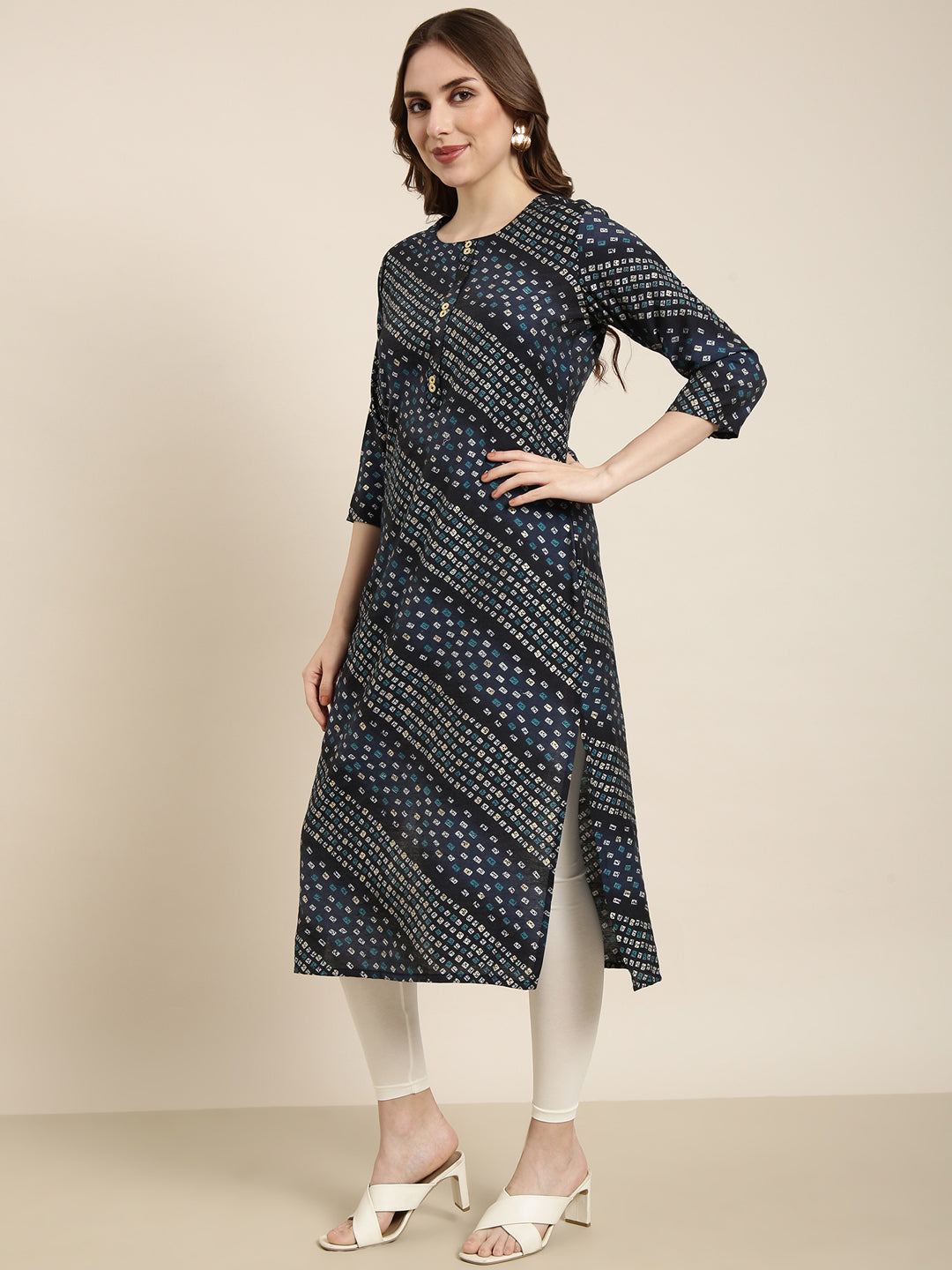 Women's Straight Navy Blue Bandhani Kurta