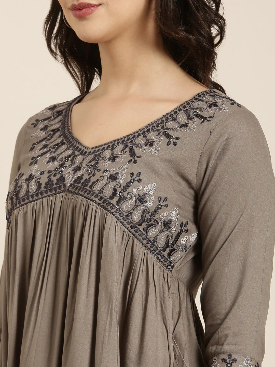 Women's Anarkali Grey Solid Kurta Sets with Dupatta