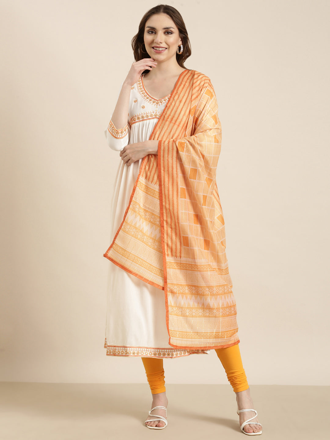 Women's Straight Off White Solid Kurta Sets with Dupatta