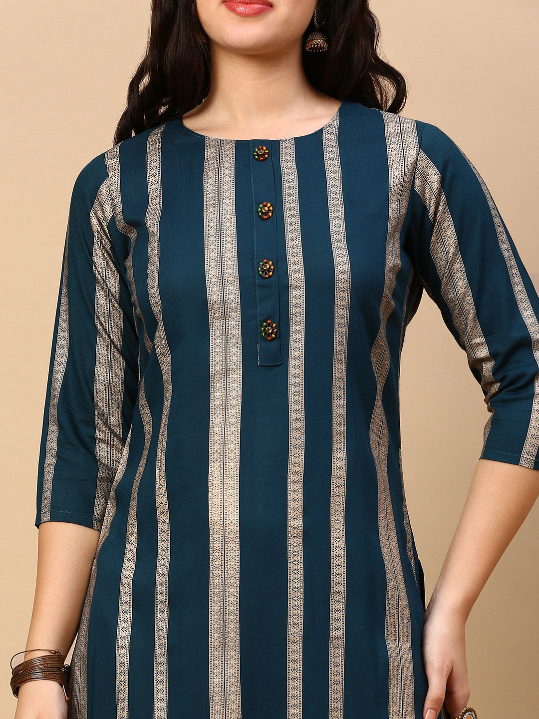 Women's Teal Striped Straight Kurta