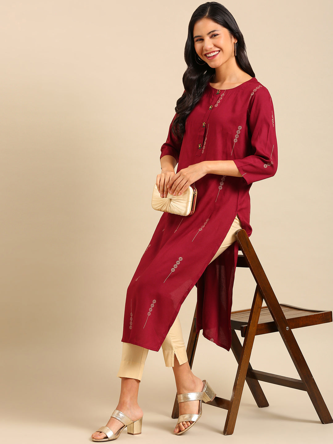 Women's Red Printed Straight Kurta