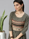 Women's Olive Ethnic Motifs Printed Anarkali Kurta