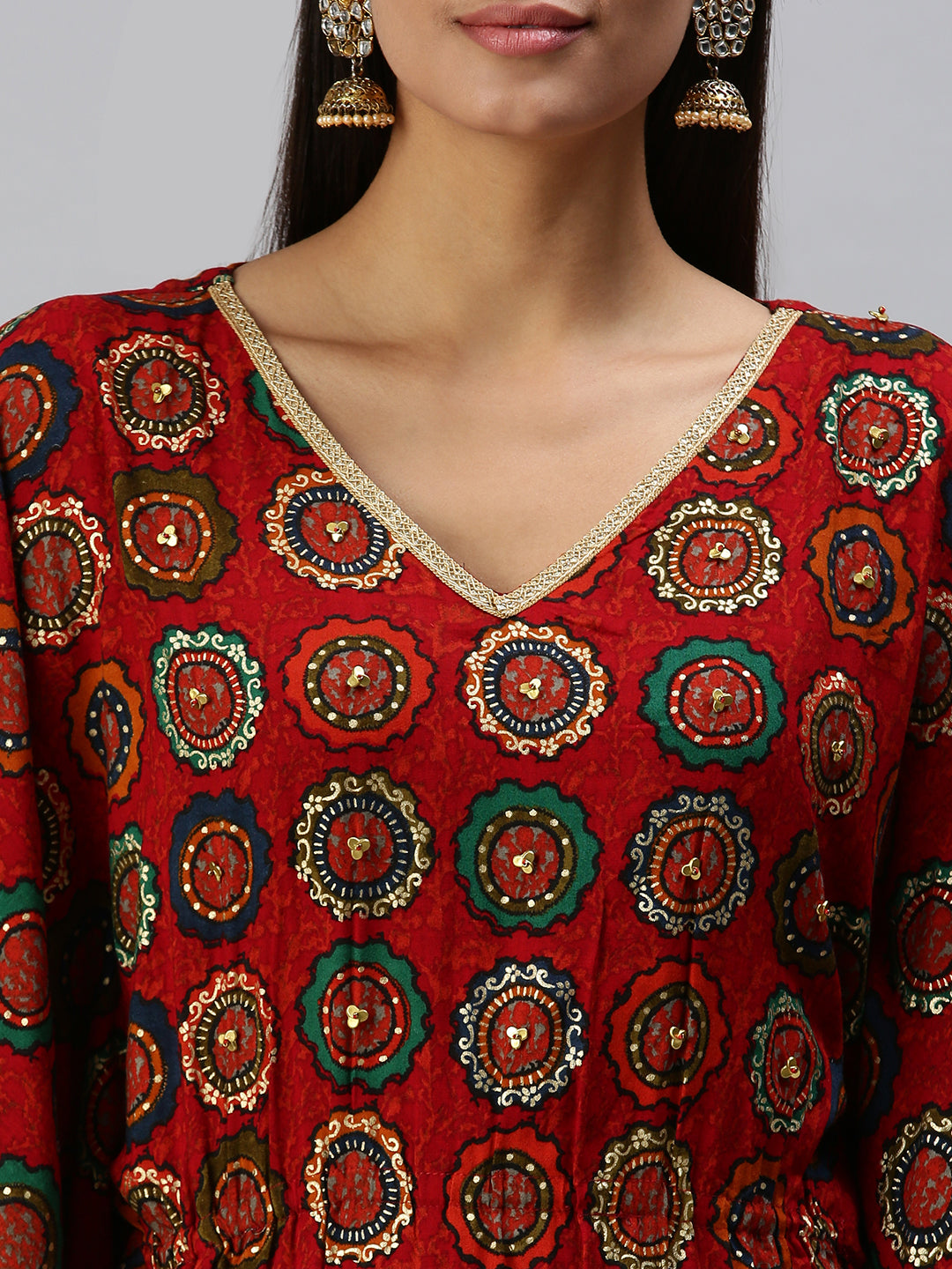 Women's Red Printed Gotta Patti Cotton Kaftan Kurta