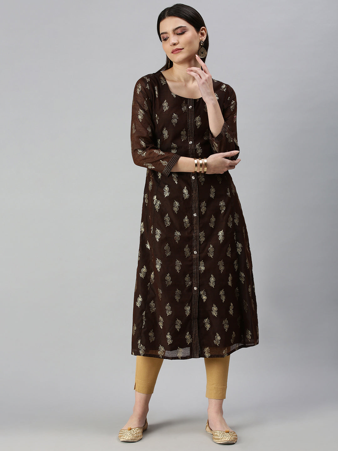 Women's Brown Golden Floral Printed Straight Kurta