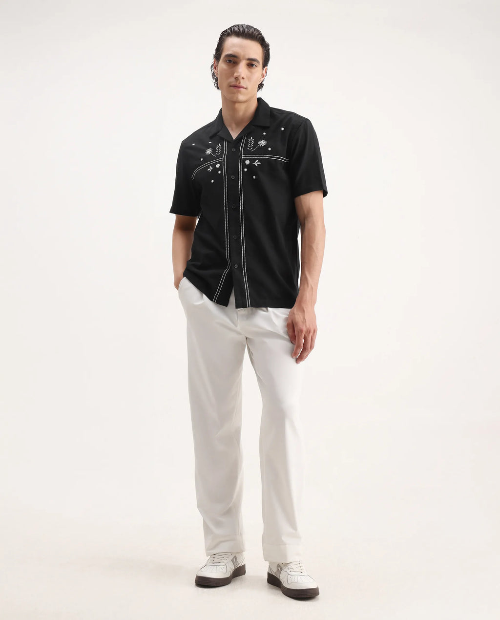 Rare Rabbit Men's Gwen Black Viscose Embroidered Boxy Fit Half Sleeve Cuban Collar Shirt