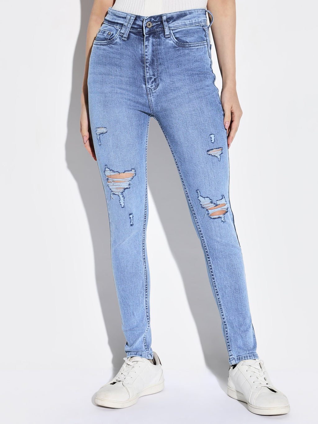 Women's Blue Comfort Skinny Fit Highly Distressed Light Fade Acid Wash Stretchable Jeans