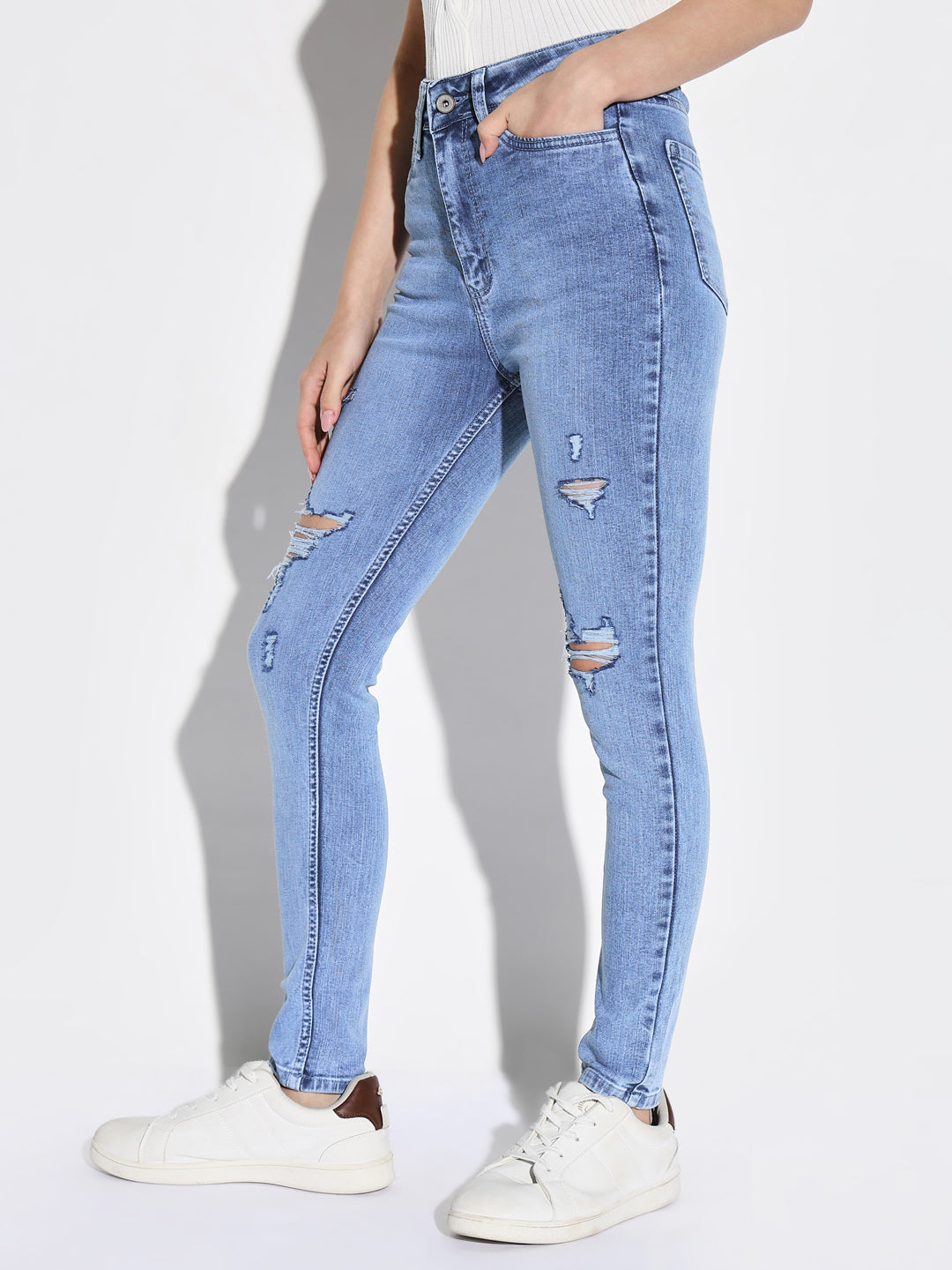 Women's Blue Comfort Skinny Fit Highly Distressed Light Fade Acid Wash Stretchable Jeans