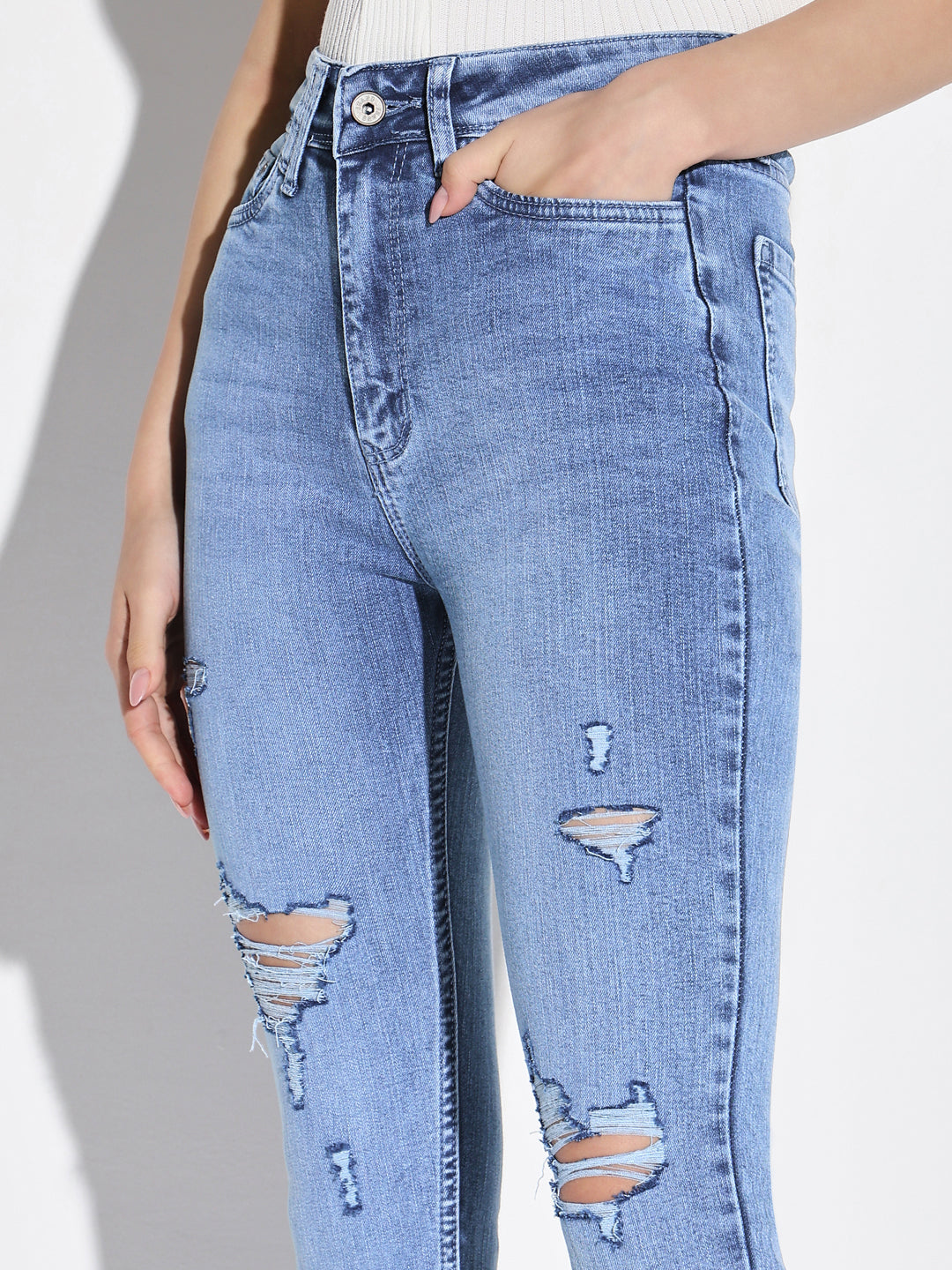 Women's Blue Comfort Skinny Fit Highly Distressed Light Fade Acid Wash Stretchable Jeans