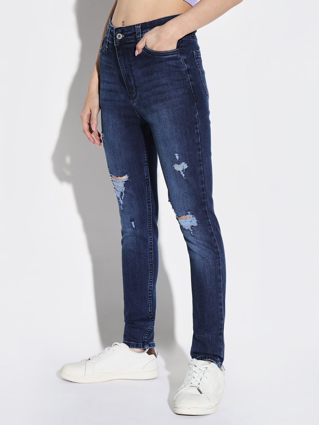 Women's Navy Blue Cotton Comfort Skinny Fit Light Fade Acid Wash Stretchable Jeans