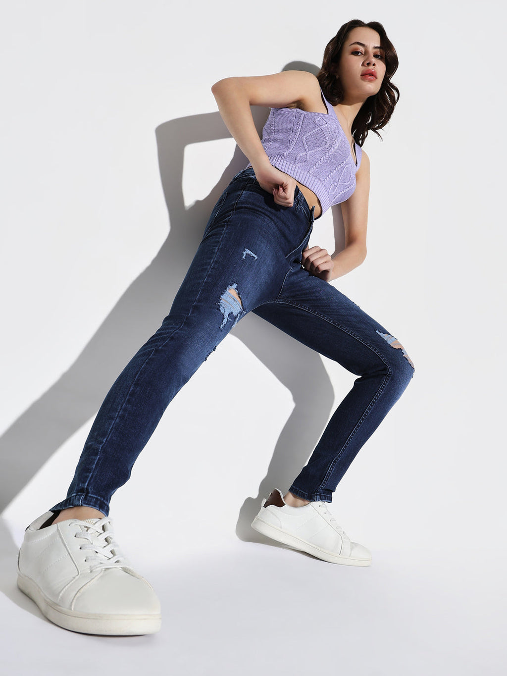 Women's Navy Blue Cotton Comfort Skinny Fit Light Fade Acid Wash Stretchable Jeans