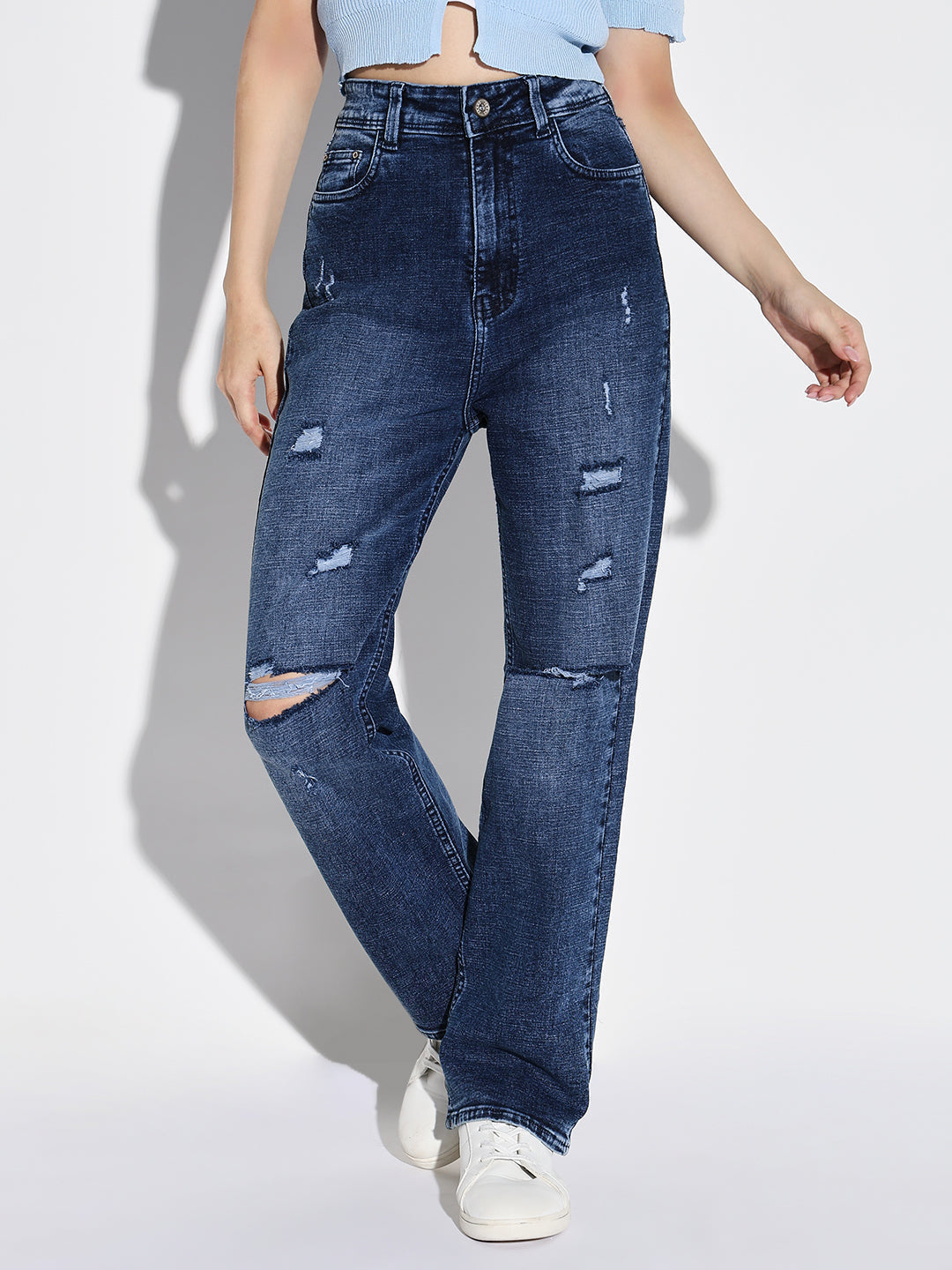 Women's Blue Comfort Straight Fit Slash Knee Heavy Fade Jeans