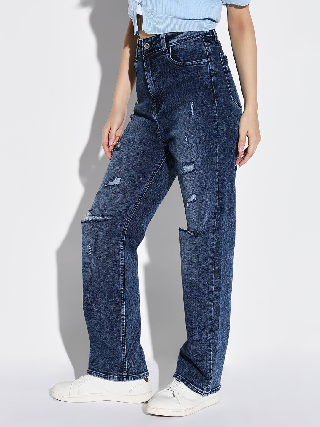 Women's Blue Comfort Straight Fit Slash Knee Heavy Fade Jeans