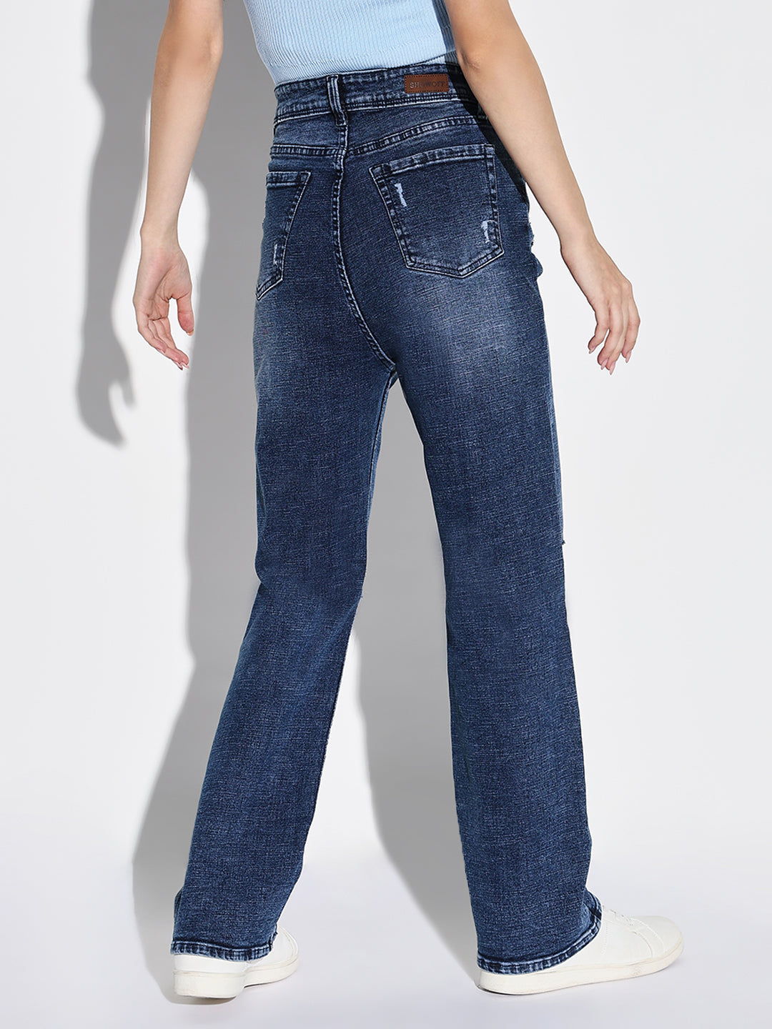 Women's Blue Comfort Straight Fit Slash Knee Heavy Fade Jeans