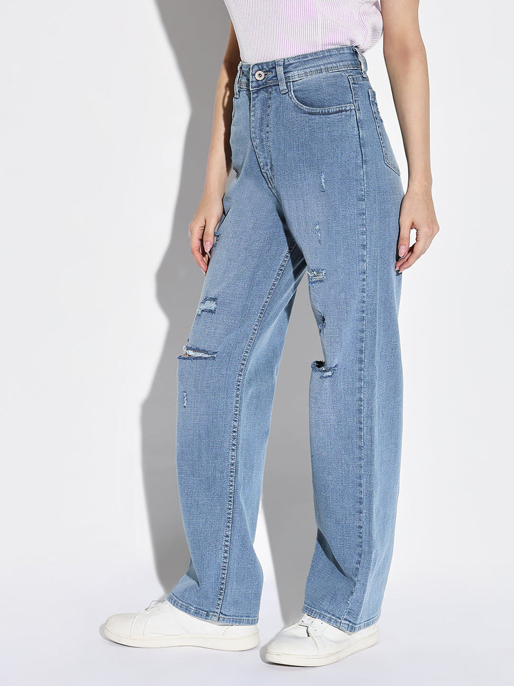 Women's Blue Comfort Wide Leg Slash Knee Heavy Fade Acid Wash Jeans