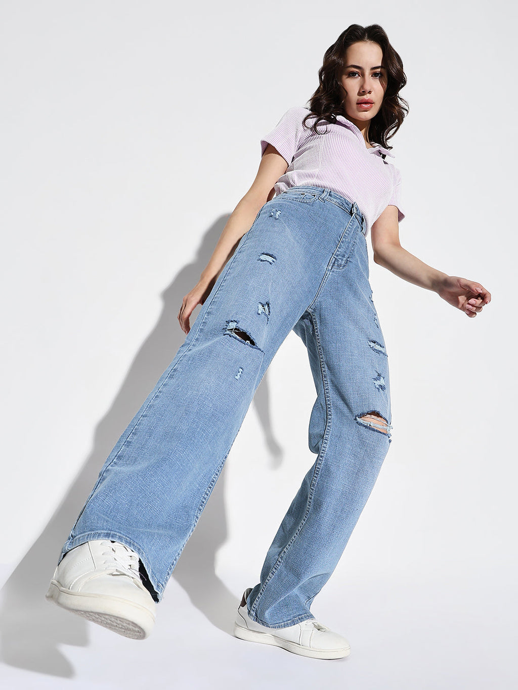 Women's Blue Comfort Wide Leg Slash Knee Heavy Fade Acid Wash Jeans