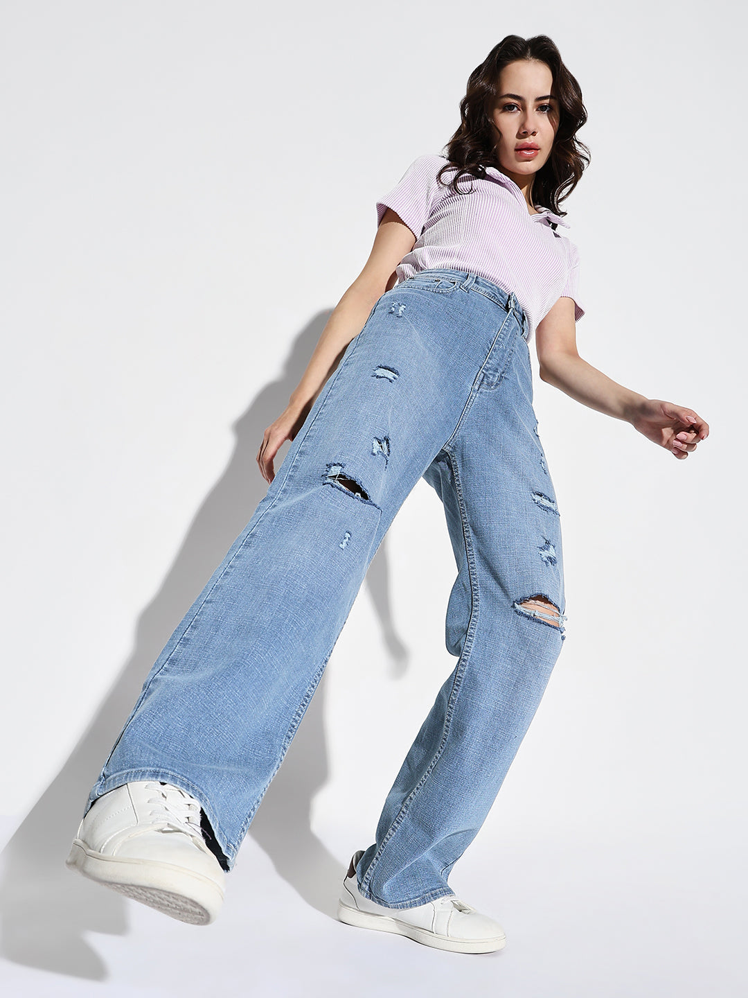 Women's Blue Comfort Wide Leg Slash Knee Heavy Fade Acid Wash Jeans