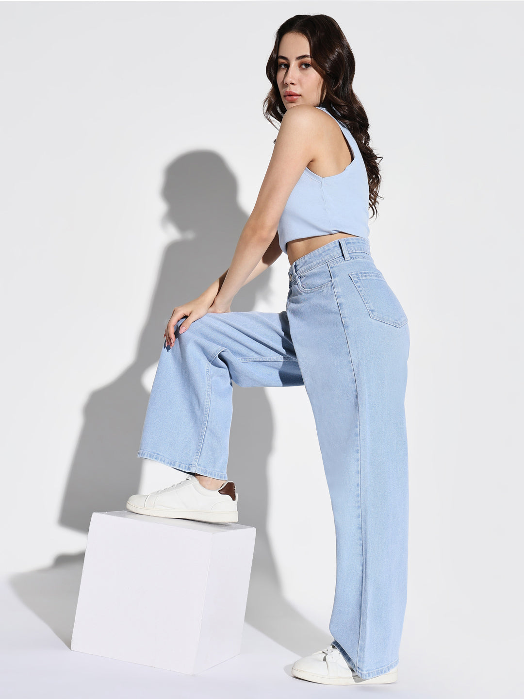 Women's Blue Comfort Wide Leg Light Fade Jeans