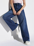 Women's Navy Blue Cotton Comfort Wide Leg Light Fade Acid Wash Mid-Rise Stretchable Jeans