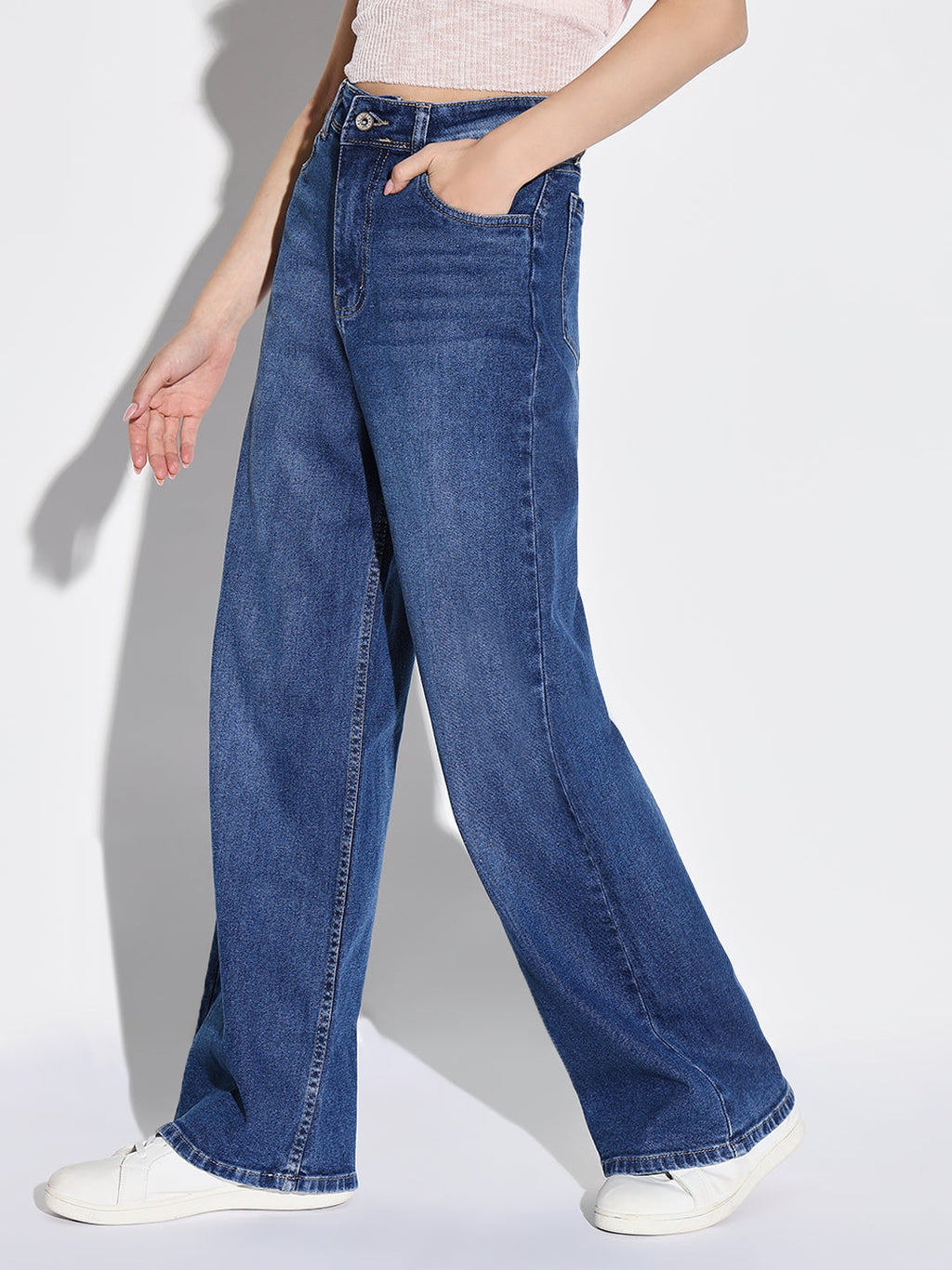 Women's Navy Blue Cotton Comfort Wide Leg Light Fade Acid Wash Mid-Rise Stretchable Jeans