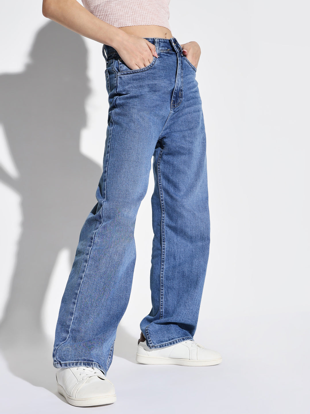 Women's Blue Comfort Wide Leg Light Fade Acid Wash Jeans