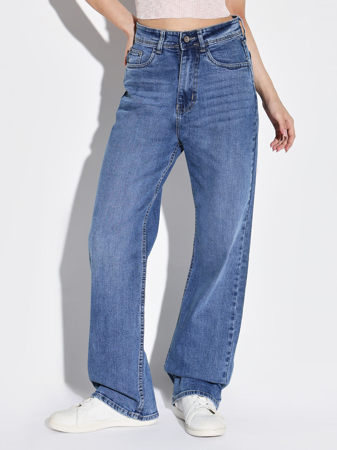 Women's Blue Comfort Wide Leg Light Fade Acid Wash Jeans