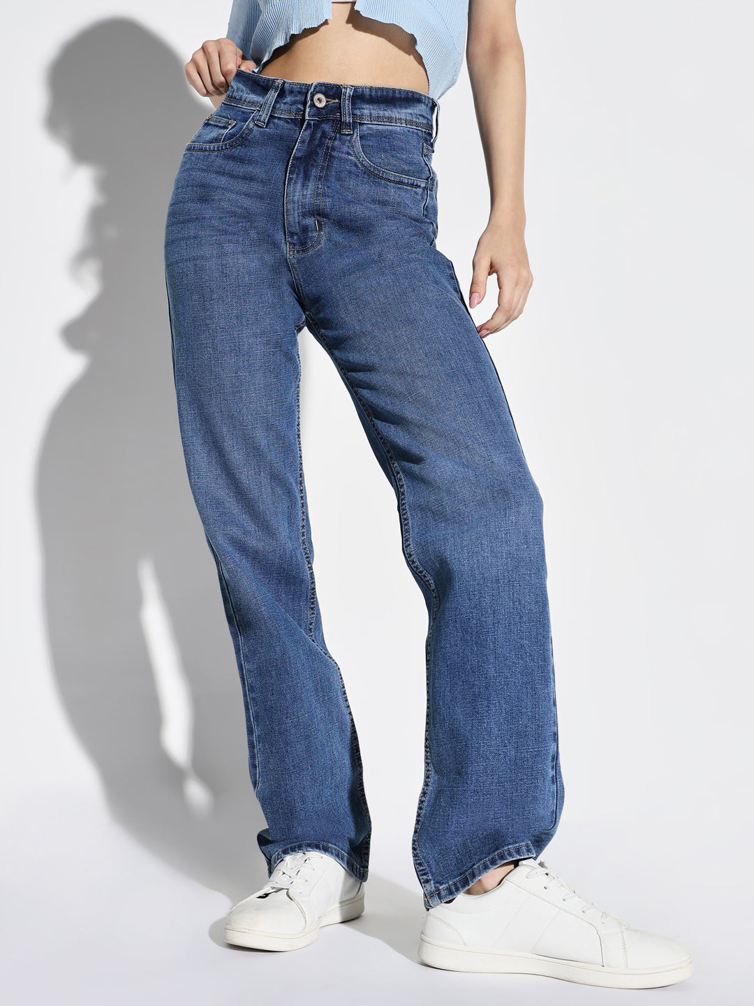 Women's Blue Comfort Wide Leg Light Fade Stretchable Jeans