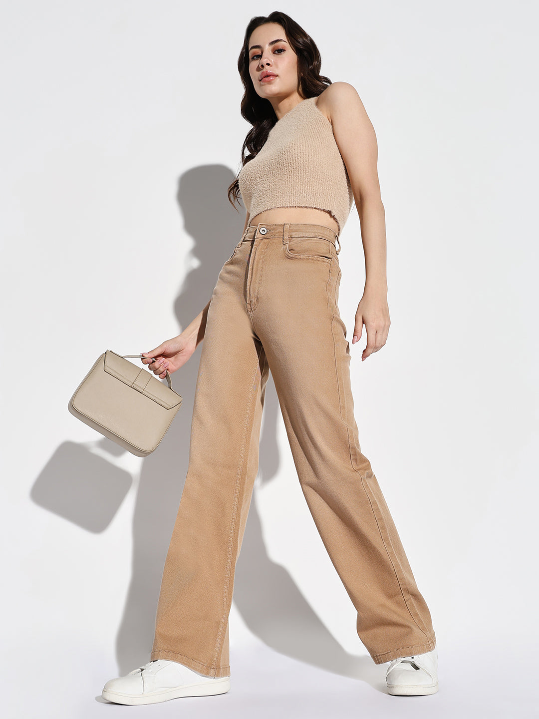Women's Beige Comfort Wide Leg Light Fade Stretchable Jeans