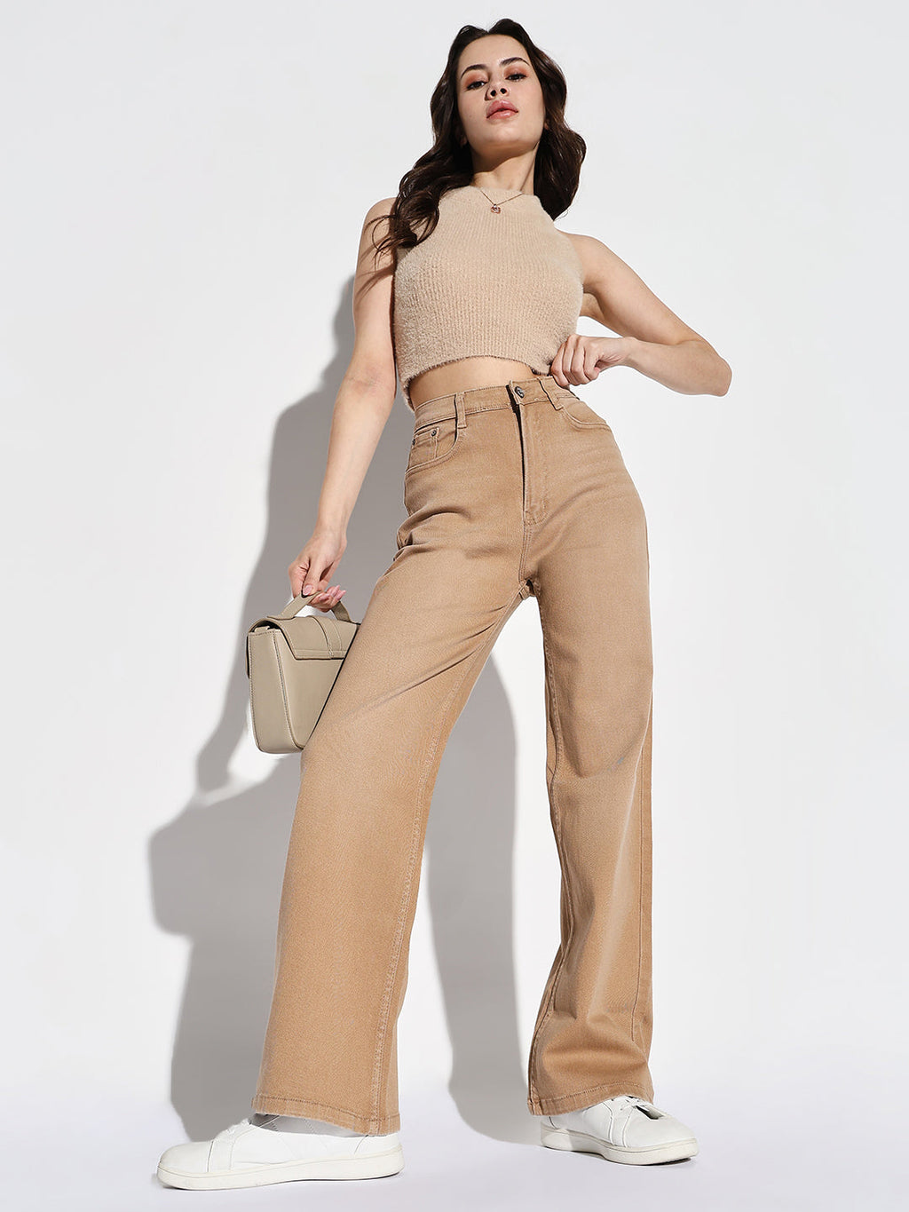 Women's Beige Comfort Wide Leg Light Fade Stretchable Jeans