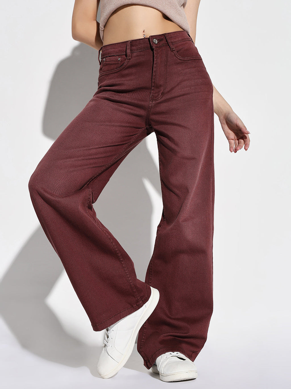 Women's Maroon Comfort High-Rise Wide Leg Light Fade Stretchable Jeans