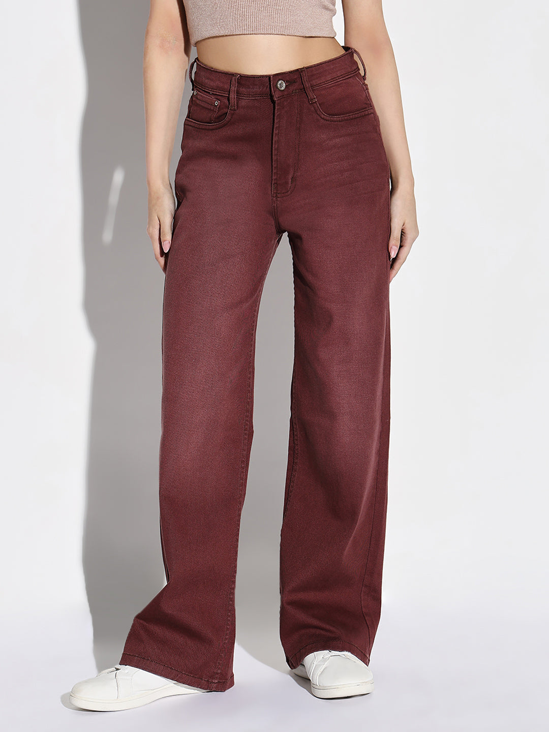 Women's Maroon Comfort High-Rise Wide Leg Light Fade Stretchable Jeans